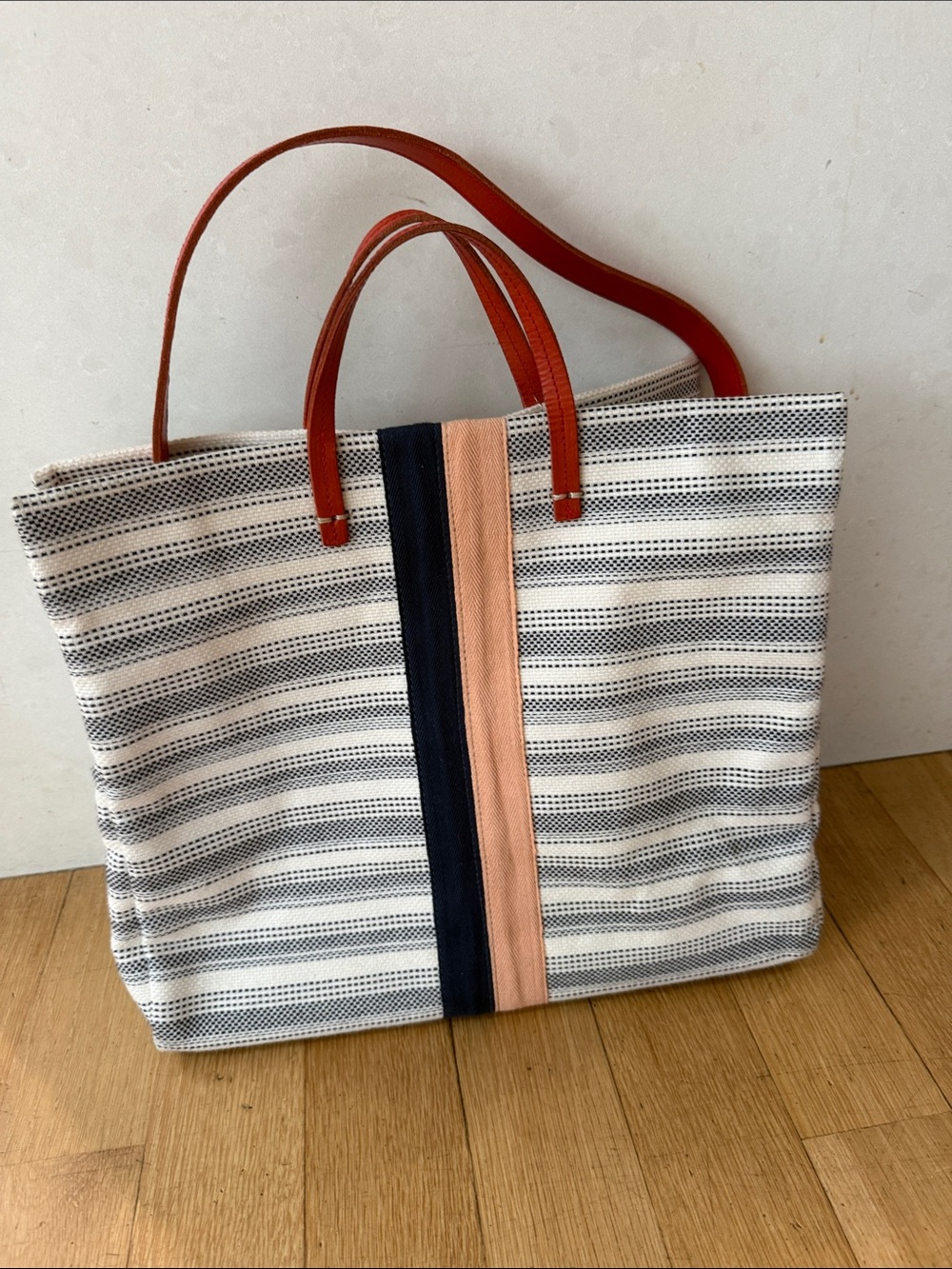Clare V Striped Canvas Tote with Navy and Peach Center Stripes